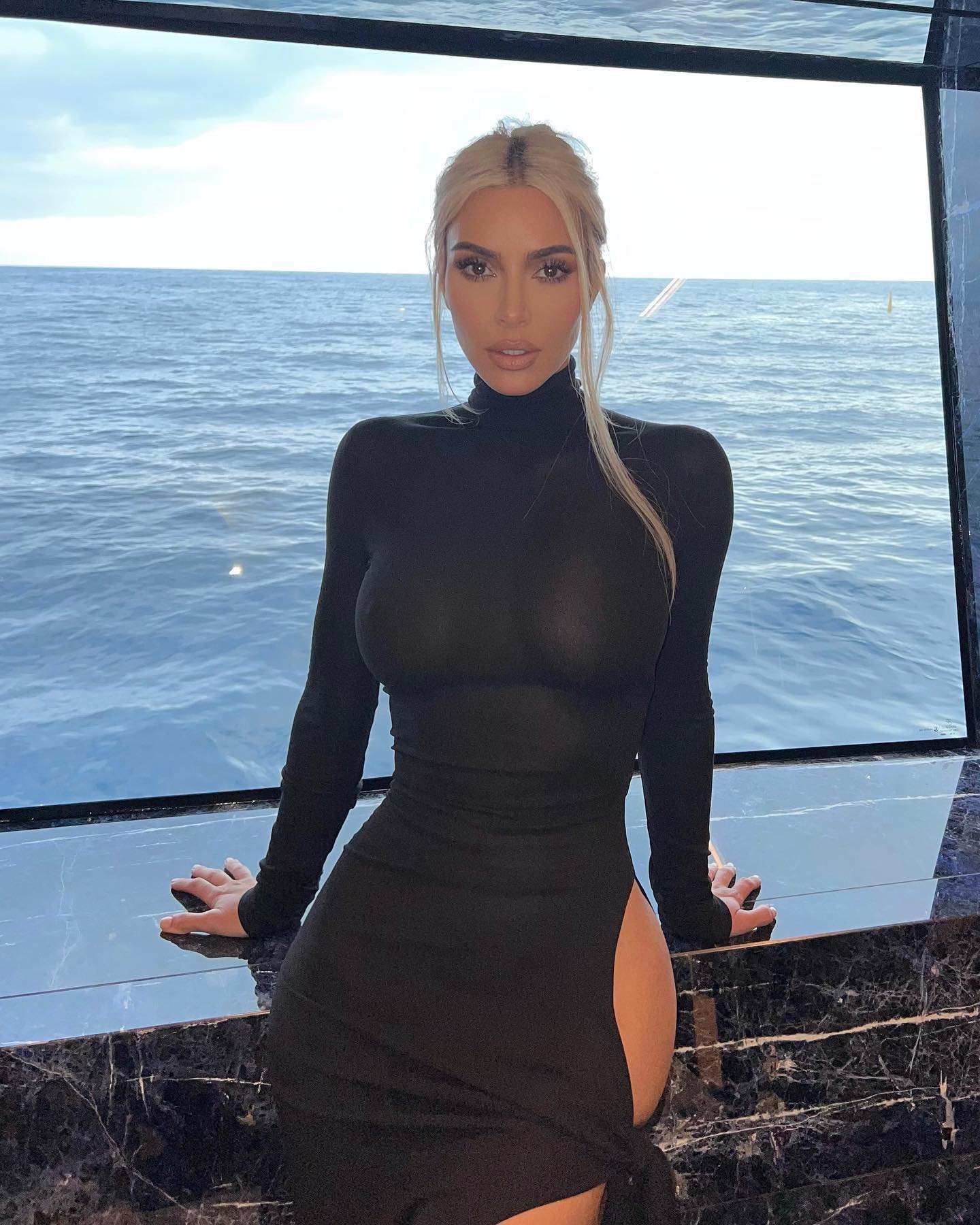 Kim Kardashian Visible Something In Transparent Skin Tight Black Dress